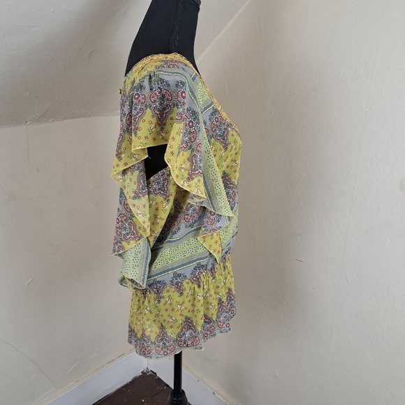 WD NY Women’s Yellow Blue Floral Ruffle Sheer Top Blouse Size L - Picture 3 of 10